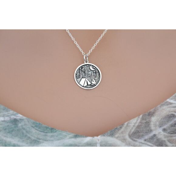 Sterling Silver Camping Charm with Tent and Trees Necklace - Picture 4 of 4